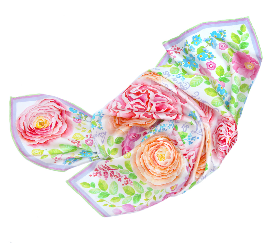 100% silk square scarf white pink floral wrap "4 Seasons of Spring" - pure silk inspirational gift scarves