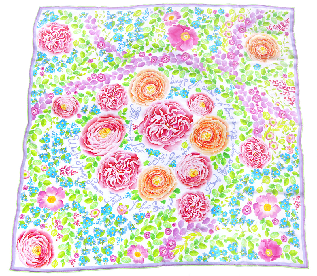 100% silk square scarf white pink floral wrap "4 Seasons of Spring" - pure silk inspirational gift scarves