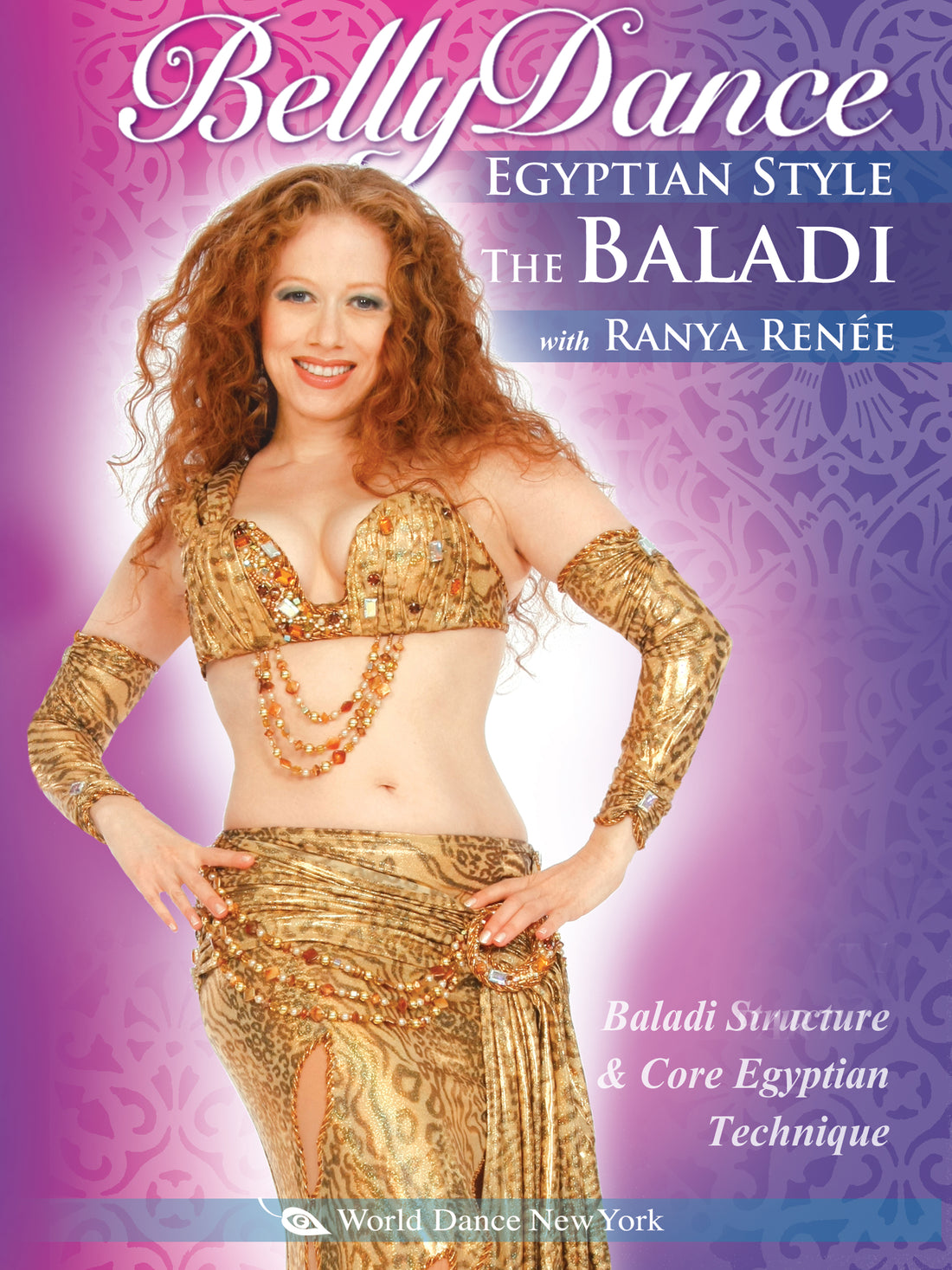 A woman with long curly red hair in a gold belly dance costume poses before a purple patterned backdrop. Text: The Baladi: Belly Dance Egyptian Style with Ranya Renée by Ranya Renee. Features Baladi improvisation and core Egyptian technique.