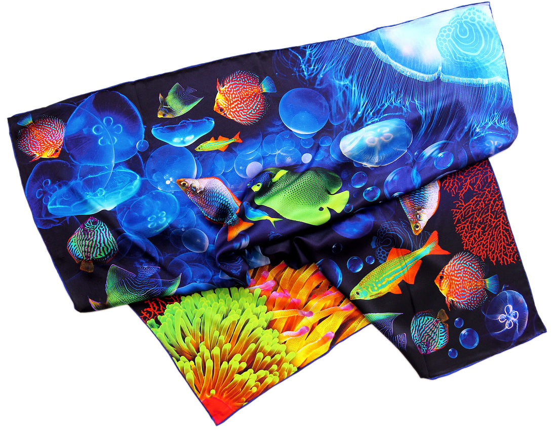 Pure silk square scarf turquoise blue wrap "Coral Reef" - tropical fish, jellyfish printed women's scarves