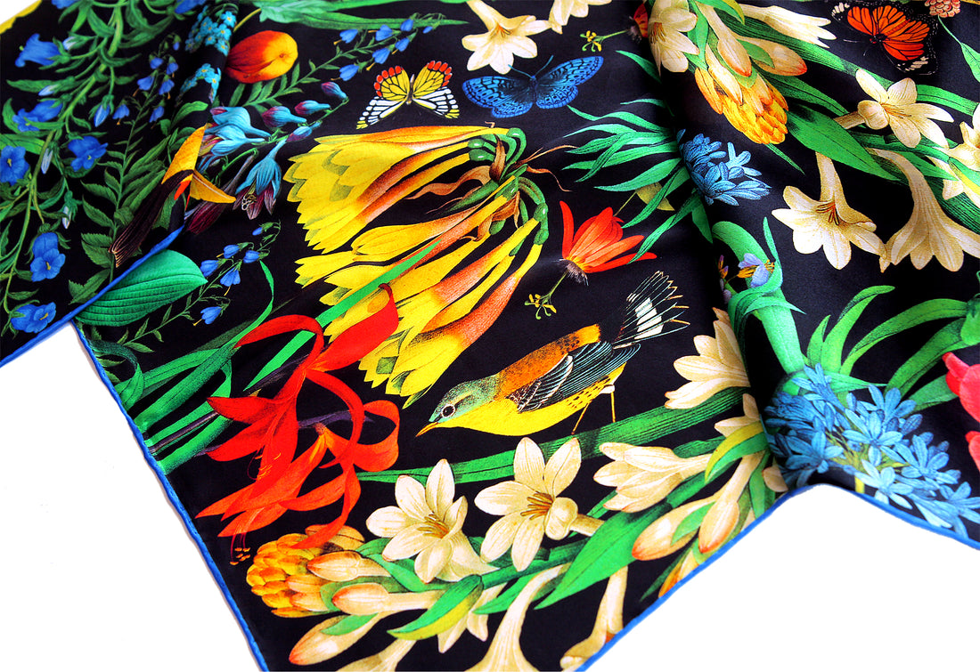 100% silk square scarf wrap "Garden of Eden" black floral printed scarves, hand-rolled edges
