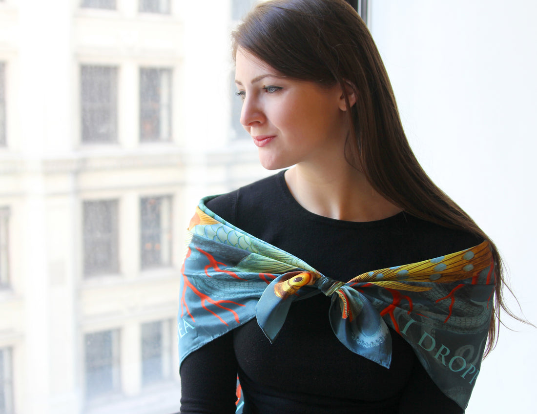 Pure silk square scarf grey wrap "Secrets" - tropical fish, jellyfish, coral reef printed women's scarves