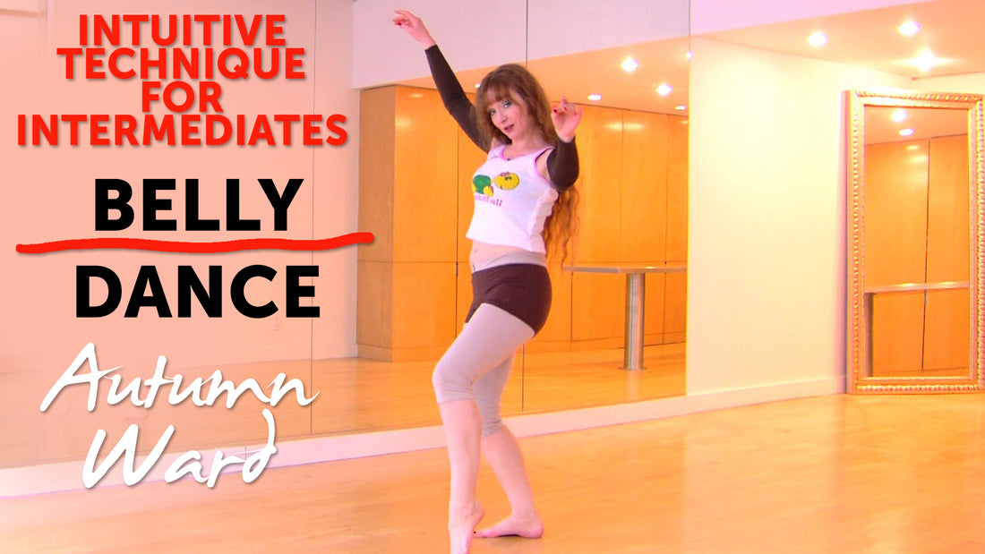 A woman poses in a dance studio, dressed in dancewear. Text reads: Intuitive Technique for Intermediates: Hip Open and Close Class with Autumn Ward, World Dance New York. The studio’s large mirror and wooden floor provide the perfect setting to master hip technique and smooth transitions in belly dance.