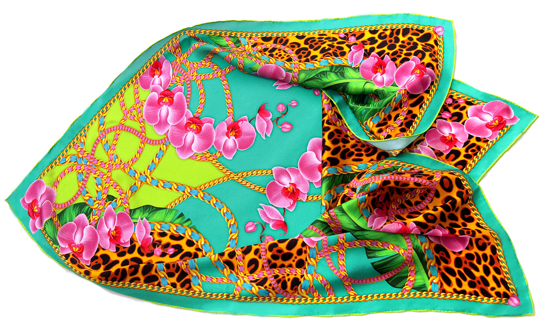 100% silk turquoise teal square scarf wrap "Orchids" - leopard print, animal print floral scarves