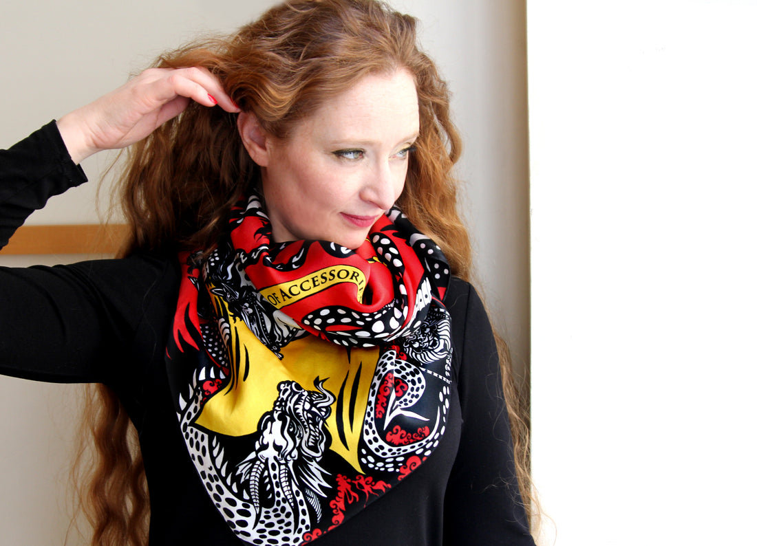 100% silk square scarf red white and black wrap "The Age of Accessories" - polka dot printed women's scarves