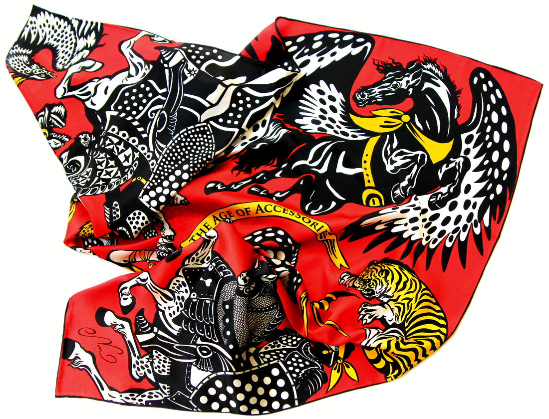 100% silk square scarf red white and black wrap "The Age of Accessories" - polka dot printed women's scarves