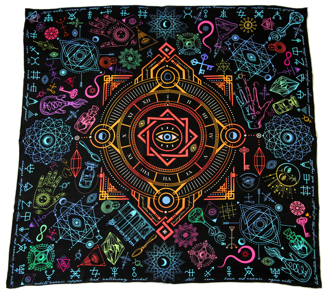 100% silk square scarf black wrap "Alchemy" - esoteric clothing, sacred geometry, alchemical symbols scarves