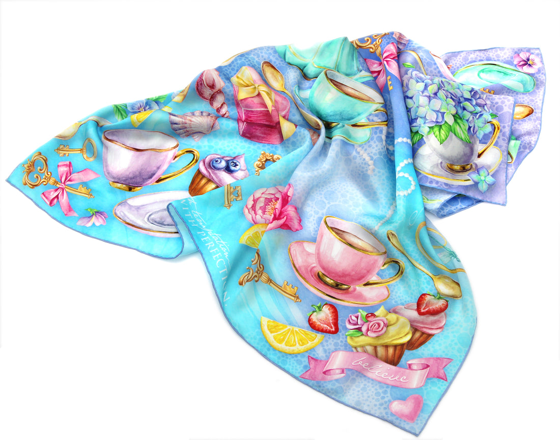 100% silk square scarf turquoise lilac floral wrap "Believe" - Victorian tea party printed women's scarves