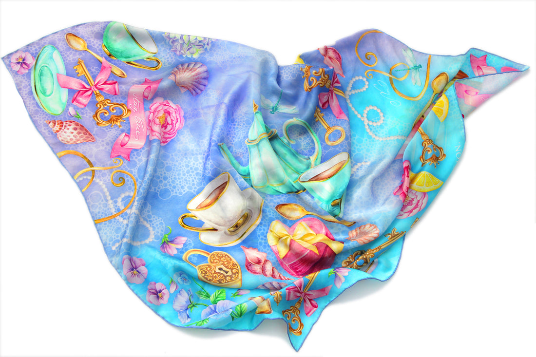100% silk square scarf turquoise lilac floral wrap "Believe" - Victorian tea party printed women's scarves