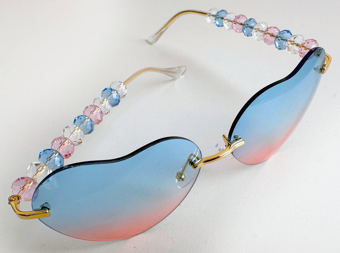 Statement beaded women's sunglasses - "hearts" blue-pink fade lenses, golden metal frame decorated with pink & blue beads -fashion accessory