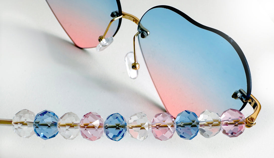 Statement beaded women's sunglasses - "hearts" blue-pink fade lenses, golden metal frame decorated with pink & blue beads -fashion accessory