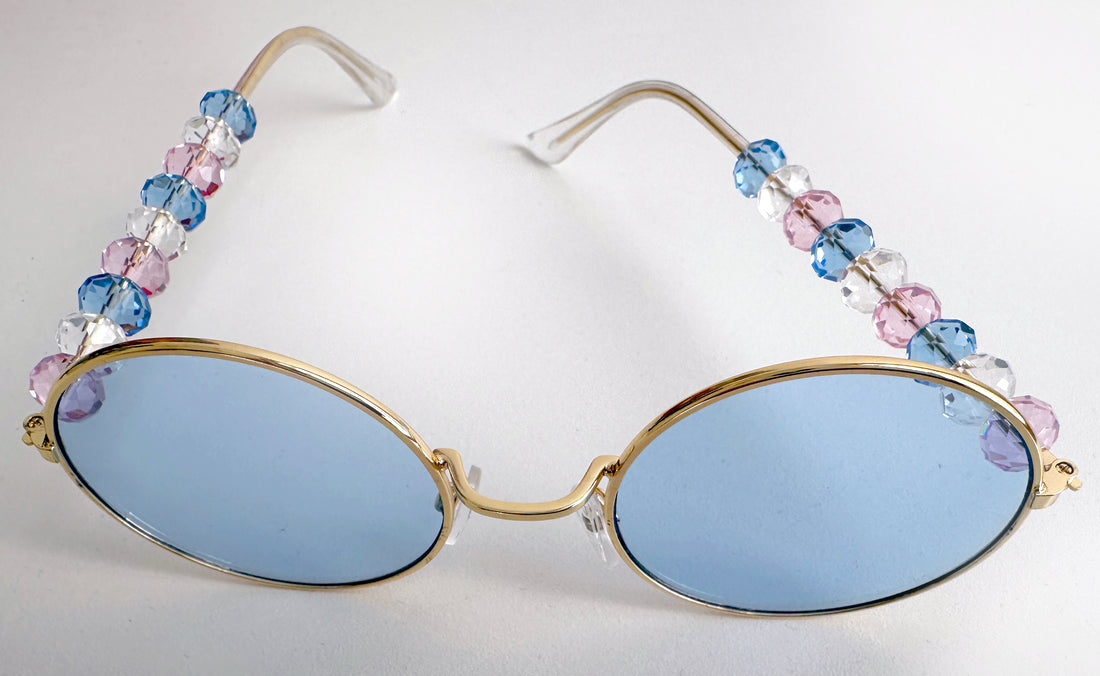 Statement beaded women's sunglasses - round blue lenses, golden metal frame decorated with pink & blue beads - a classy fashion accessory