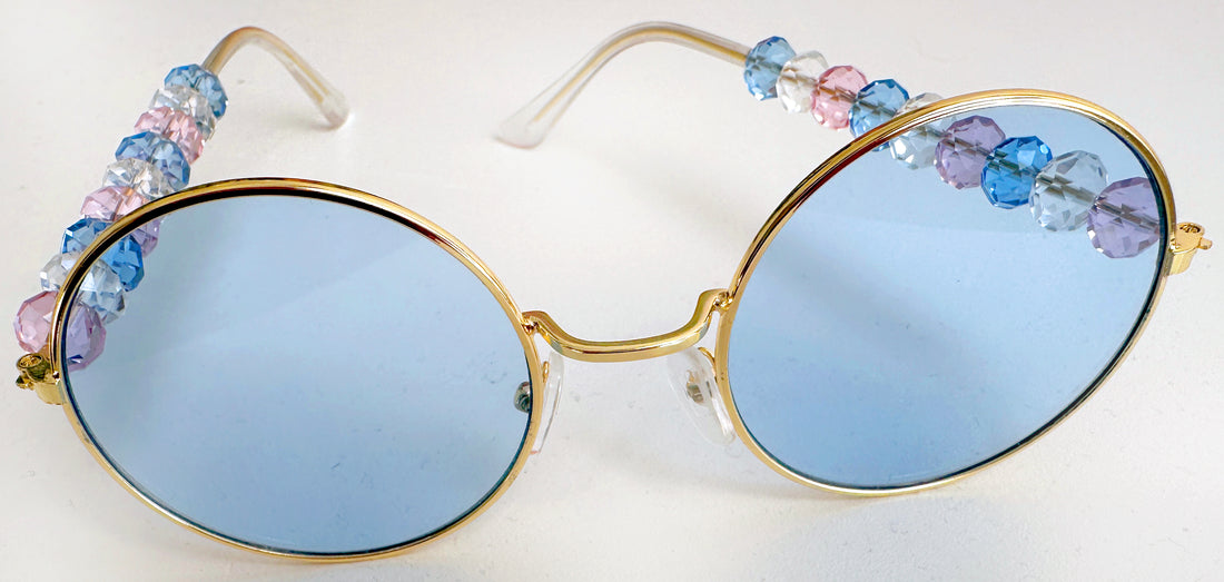 Statement beaded women's sunglasses - round blue lenses, golden metal frame decorated with pink & blue beads - a classy fashion accessory