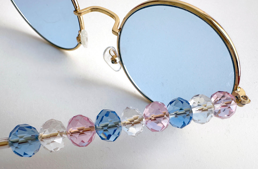 Statement beaded women's sunglasses - round blue lenses, golden metal frame decorated with pink & blue beads - a classy fashion accessory