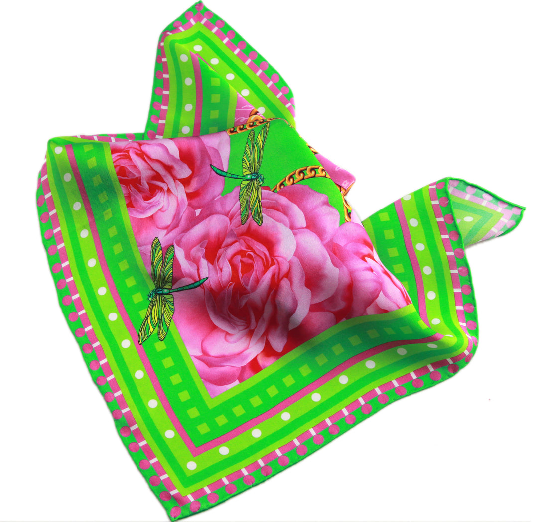Desire - pink green small square silk neck scarf, bag scarf - rose flower, gold chain, dragonfly