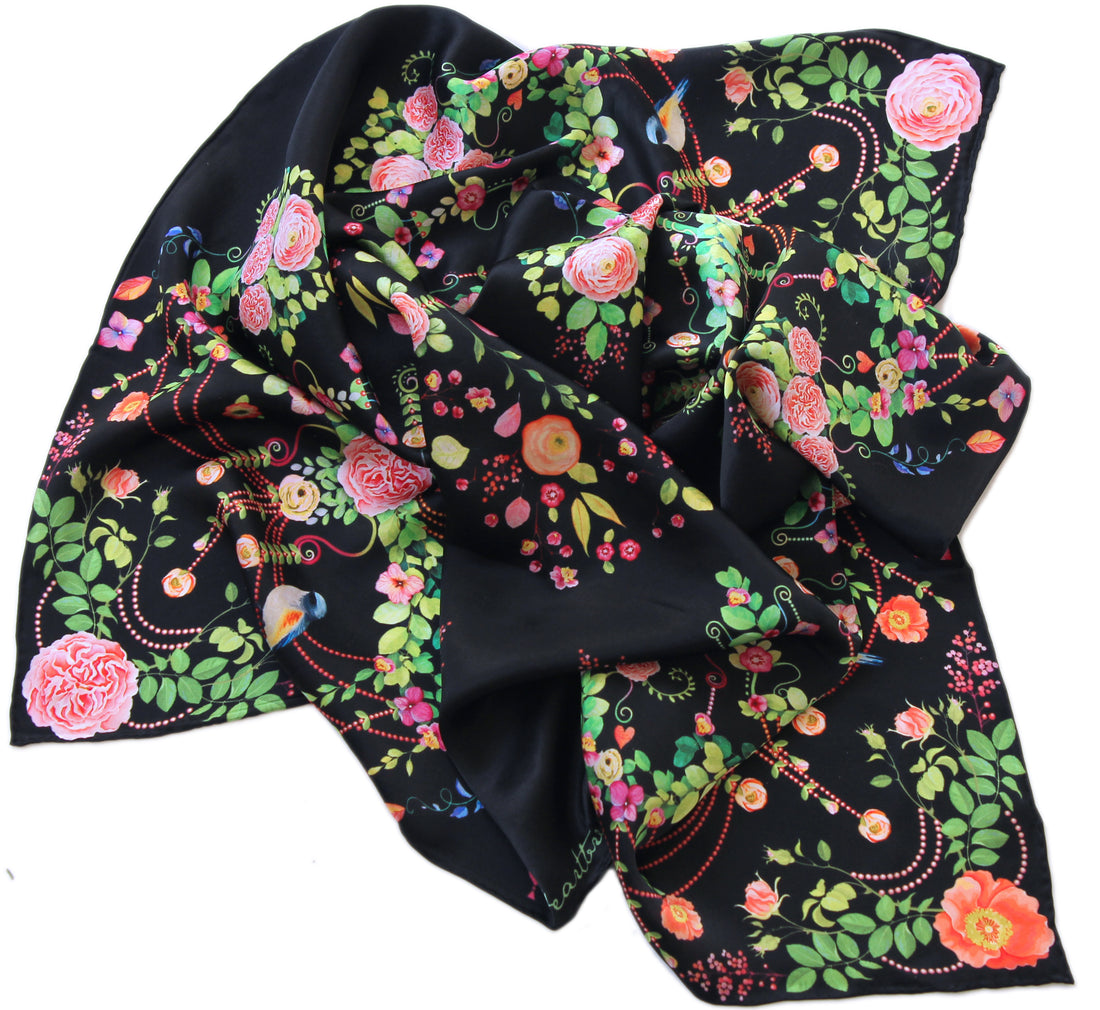 100% silk square scarf floral wrap "Flower Chandeliers" - black Victorian print