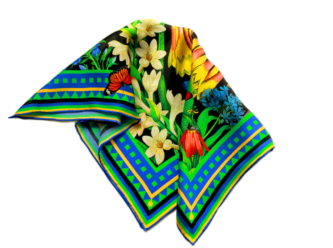 Garden - blue green floral small square silk neck scarf, scarf for bag