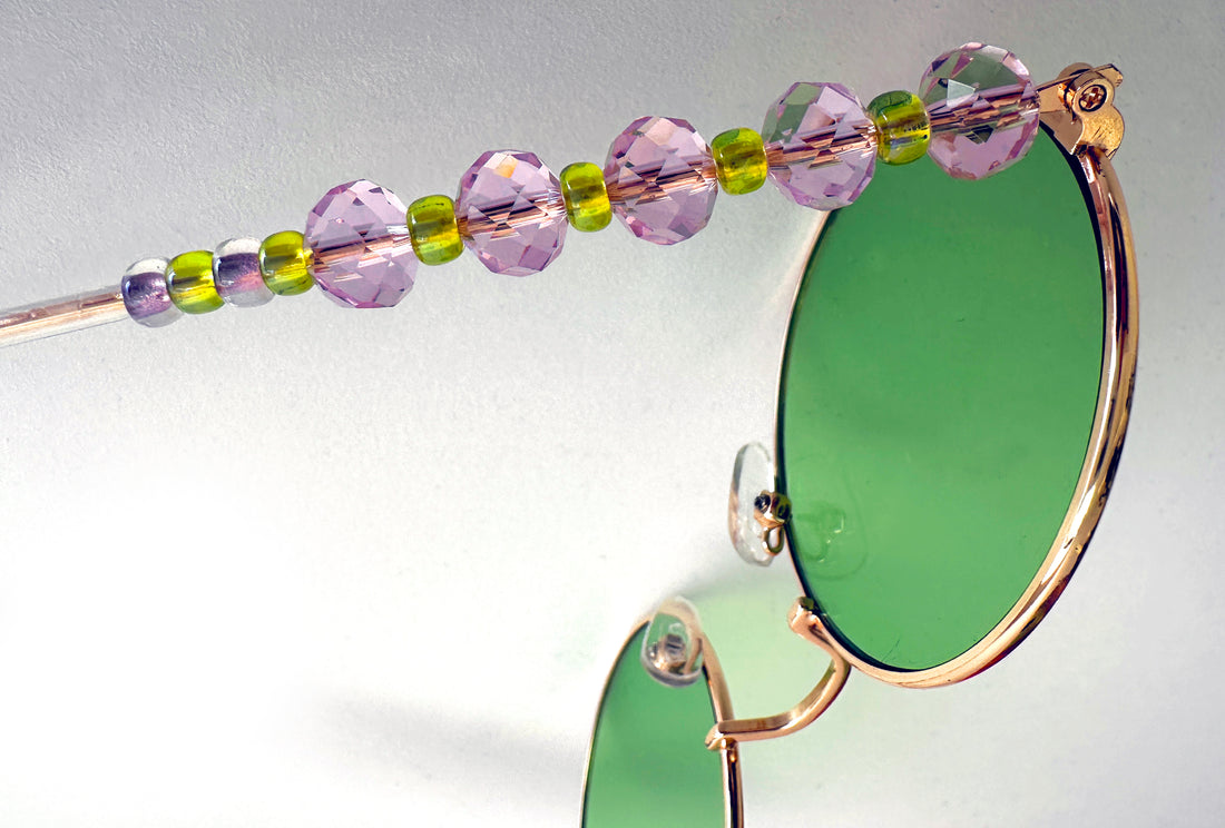 Statement beaded women's sunglasses - round green lenses, golden metal frame decorated with pink & green beads - a classy fashion accessory