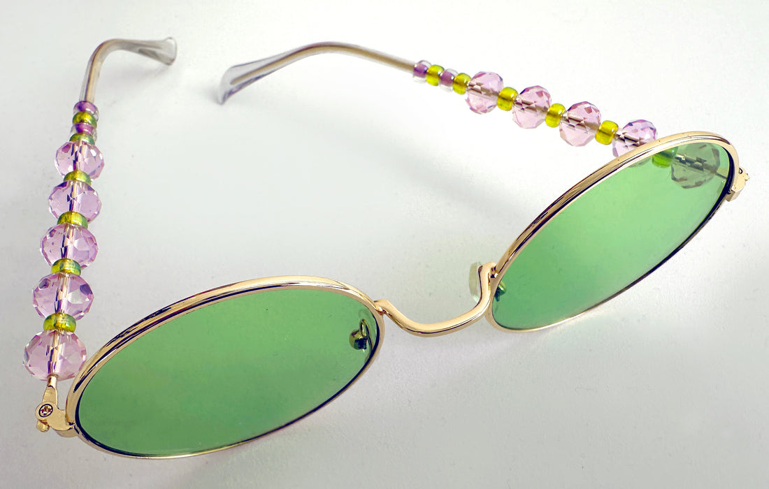 Statement beaded women's sunglasses - round green lenses, golden metal frame decorated with pink & green beads - a classy fashion accessory