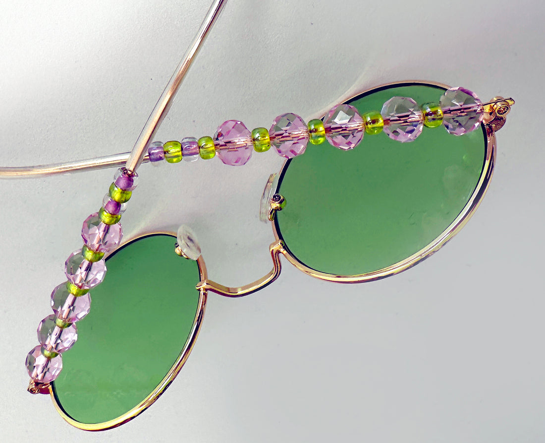 Statement beaded women's sunglasses - round green lenses, golden metal frame decorated with pink & green beads - a classy fashion accessory