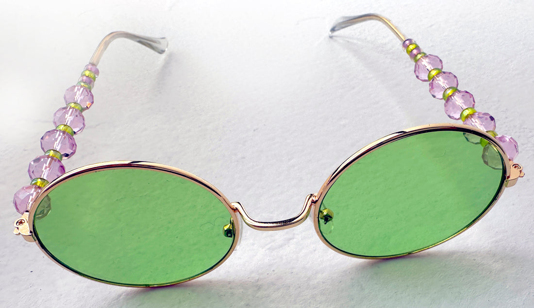 Statement beaded women's sunglasses - round green lenses, golden metal frame decorated with pink & green beads - a classy fashion accessory