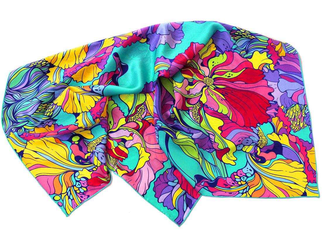 100% silk square scarf floral wrap "Iris" - turquoise, teal printed women's scarves