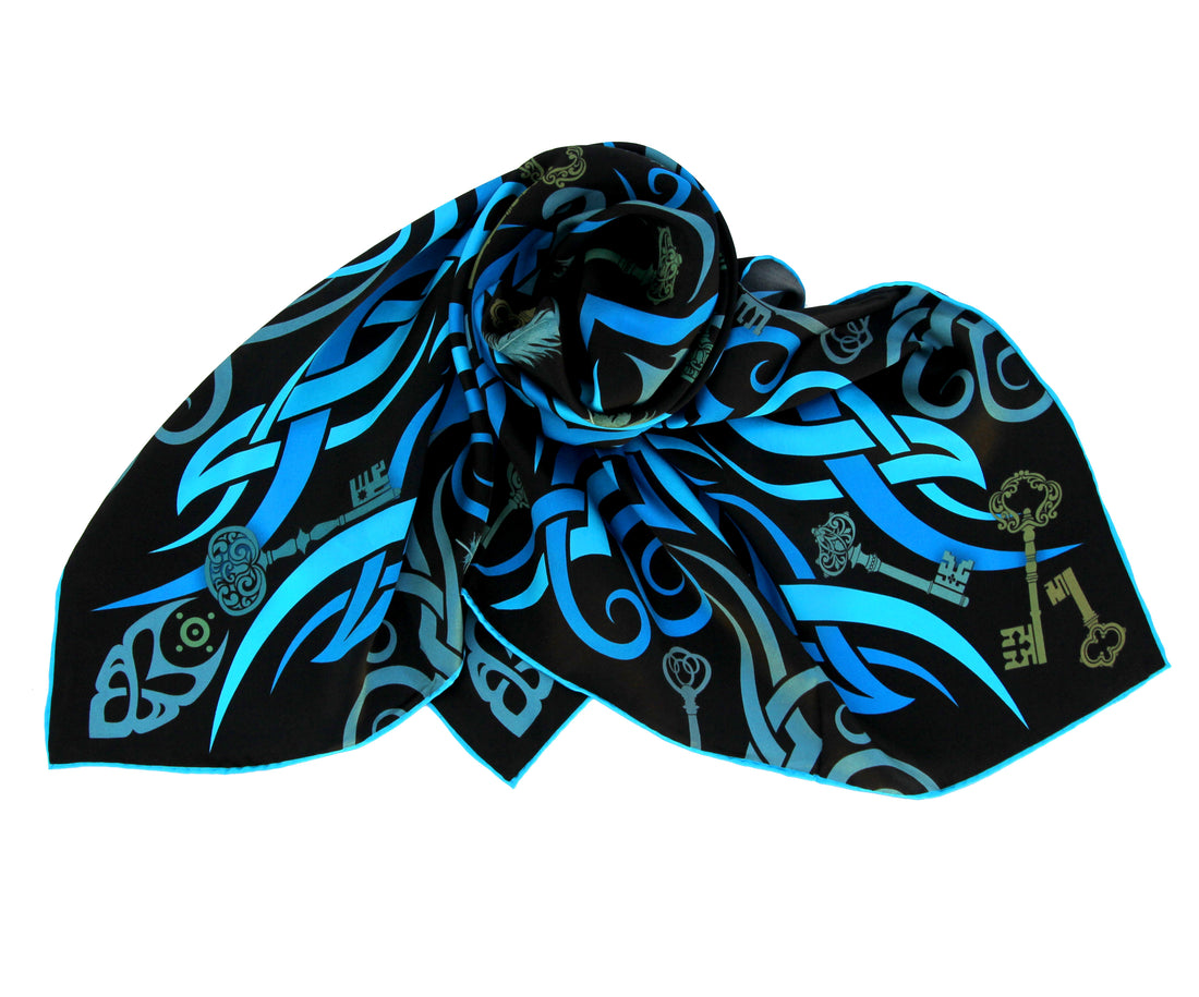 100% silk square scarf black blue wrap "Key To Freedom" - tribal tattoo design