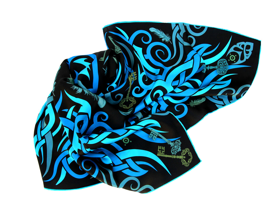 100% silk square scarf black blue wrap "Key To Freedom" - tribal tattoo design