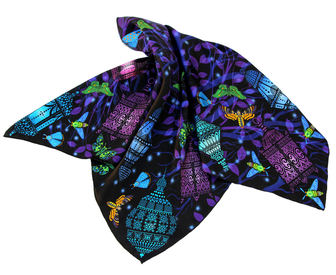 100% silk charmeuse square scarf black blue purple wrap"Lanterns" - butterfly moth scarfs printed women's scarves