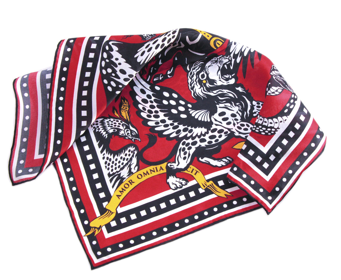 Myth - red black white small square silk neck scarf, bag scarf