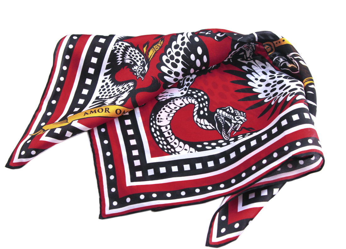 Myth - red black white small square silk neck scarf, bag scarf