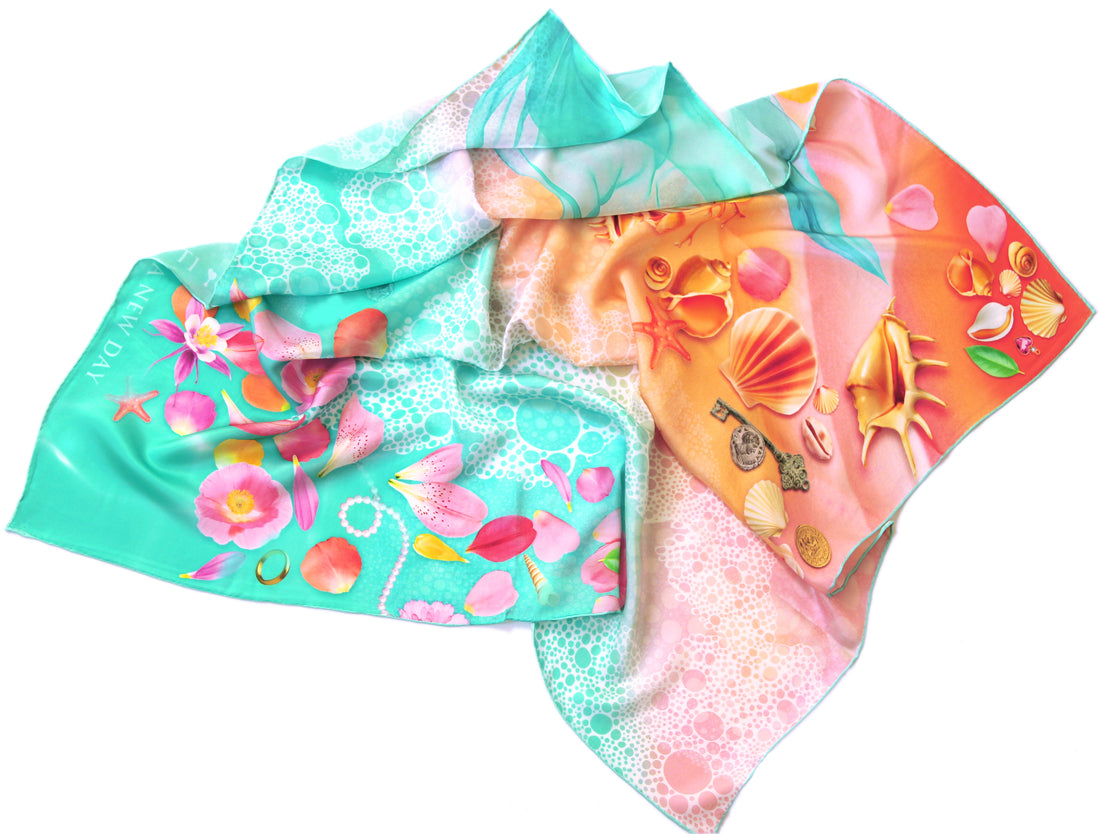 100% silk square scarf turquoise teal floral wrap "Tropical Beach" - seashell, flowers beach wear