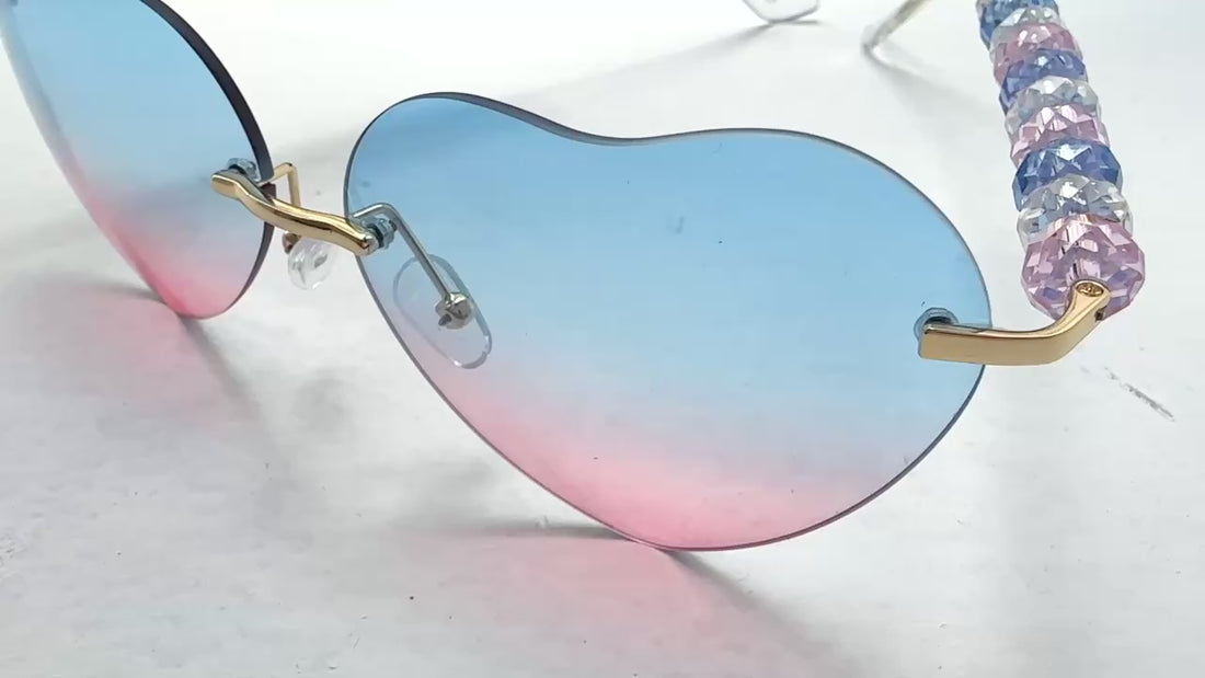 Statement beaded women's sunglasses - "hearts" blue-pink fade lenses, golden metal frame decorated with pink & blue beads -fashion accessory