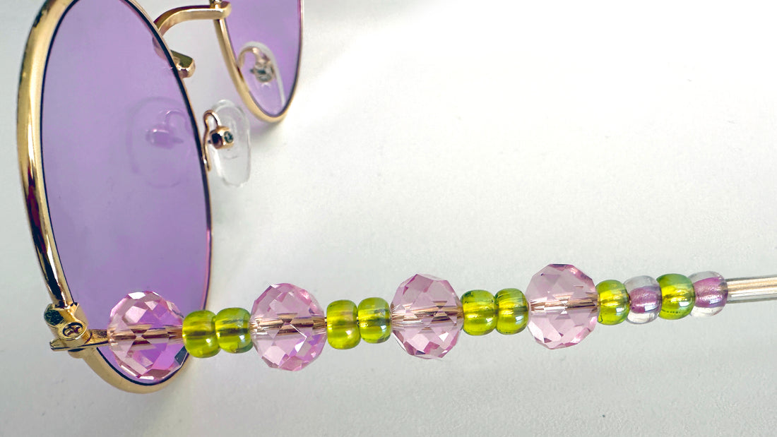 Statement beaded women's sunglasses - round purple lenses, golden metal frame decorated with pink & green beads - a classy fashion accessory