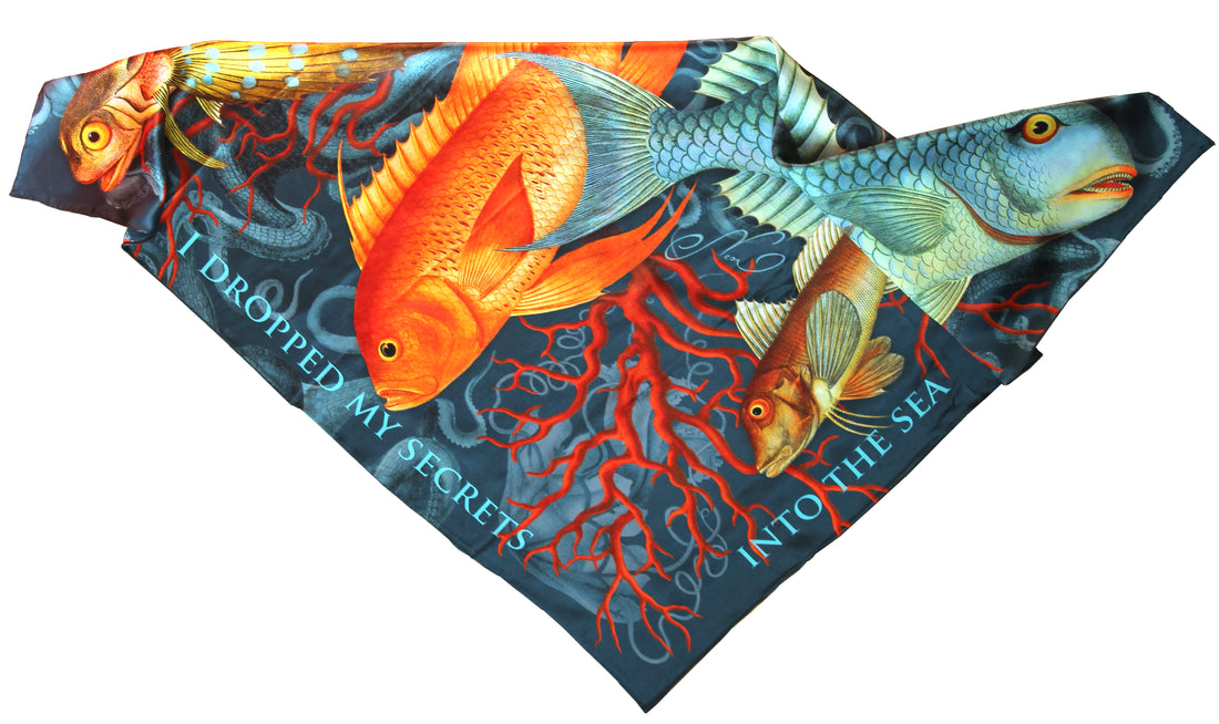 Pure silk square scarf grey wrap "Secrets" - tropical fish, jellyfish, coral reef printed women's scarves