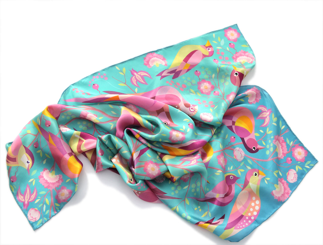 100% silk square scarf turquoise teal floral wrap"Birds" - bird lover gifts printed women's scarves