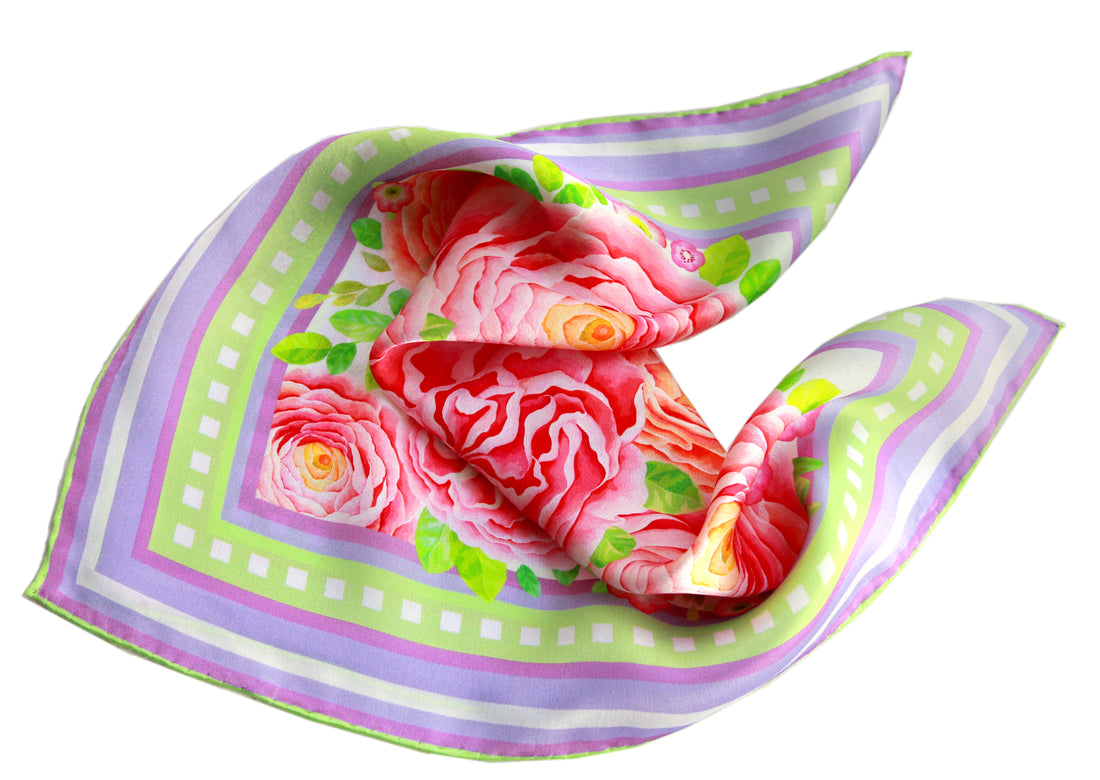 Spring - pink white small square silk neck scarf, neckerchief bag scarf, floral scarves