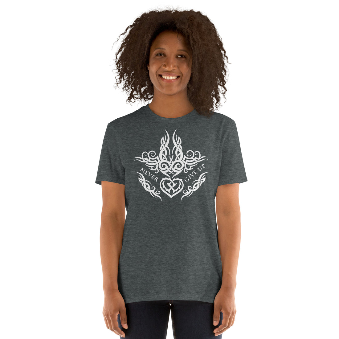Never Give Up T-Shirt - motivational message Tee, Celtic ornament - heart, thorns, fire, and waves