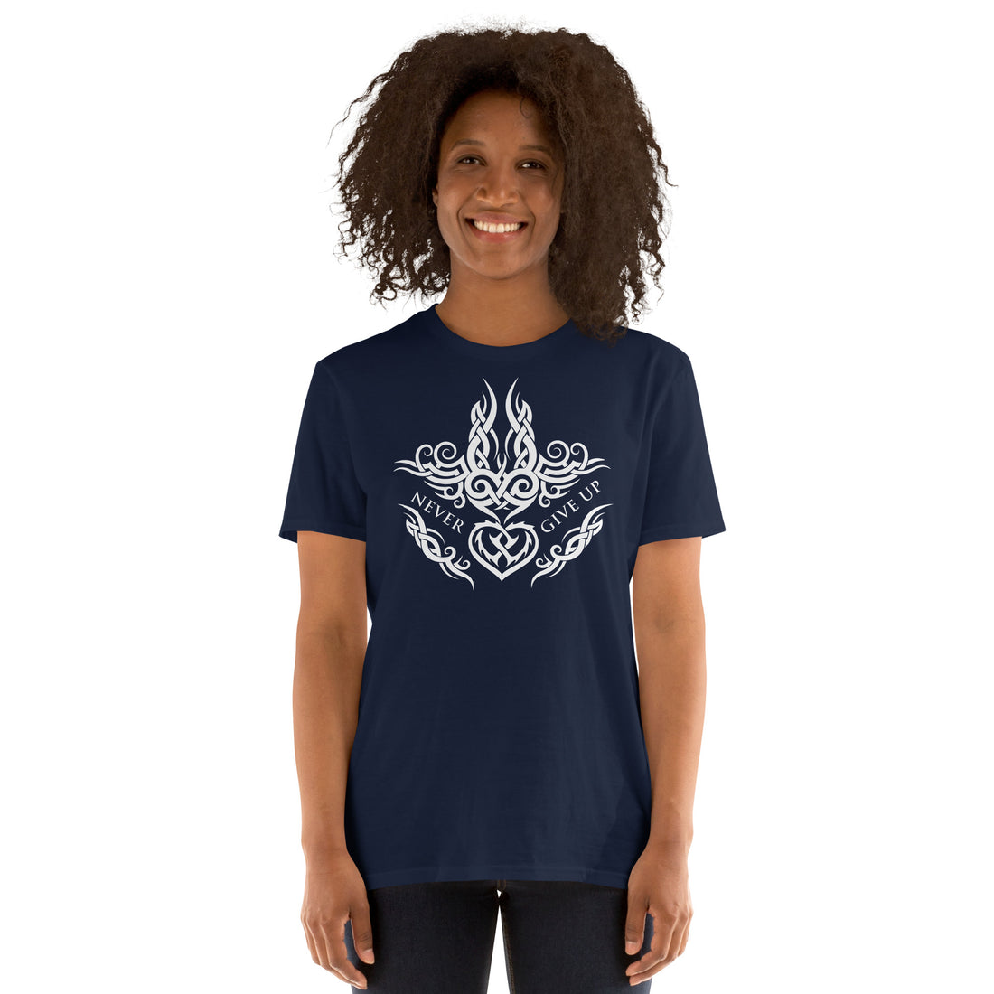 Never Give Up T-Shirt - motivational message Tee, Celtic ornament - heart, thorns, fire, and waves