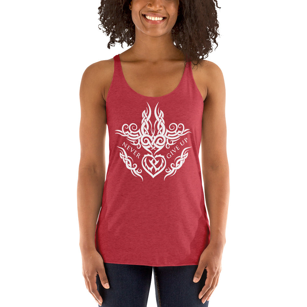 Never Give Up Tank Top -  affirmation, support, motivational message T-Shirt, relaxed fit, Celtic ornament - heart, thorns, fire, and waves