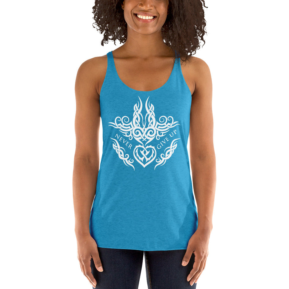 Never Give Up Tank Top -  affirmation, support, motivational message T-Shirt, relaxed fit, Celtic ornament - heart, thorns, fire, and waves